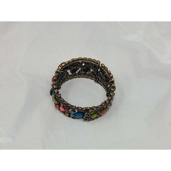 Jeweled Boho Bangle Cuff Bracelet Hinged Gold Tone Rhinestones - Picture 2 of 3